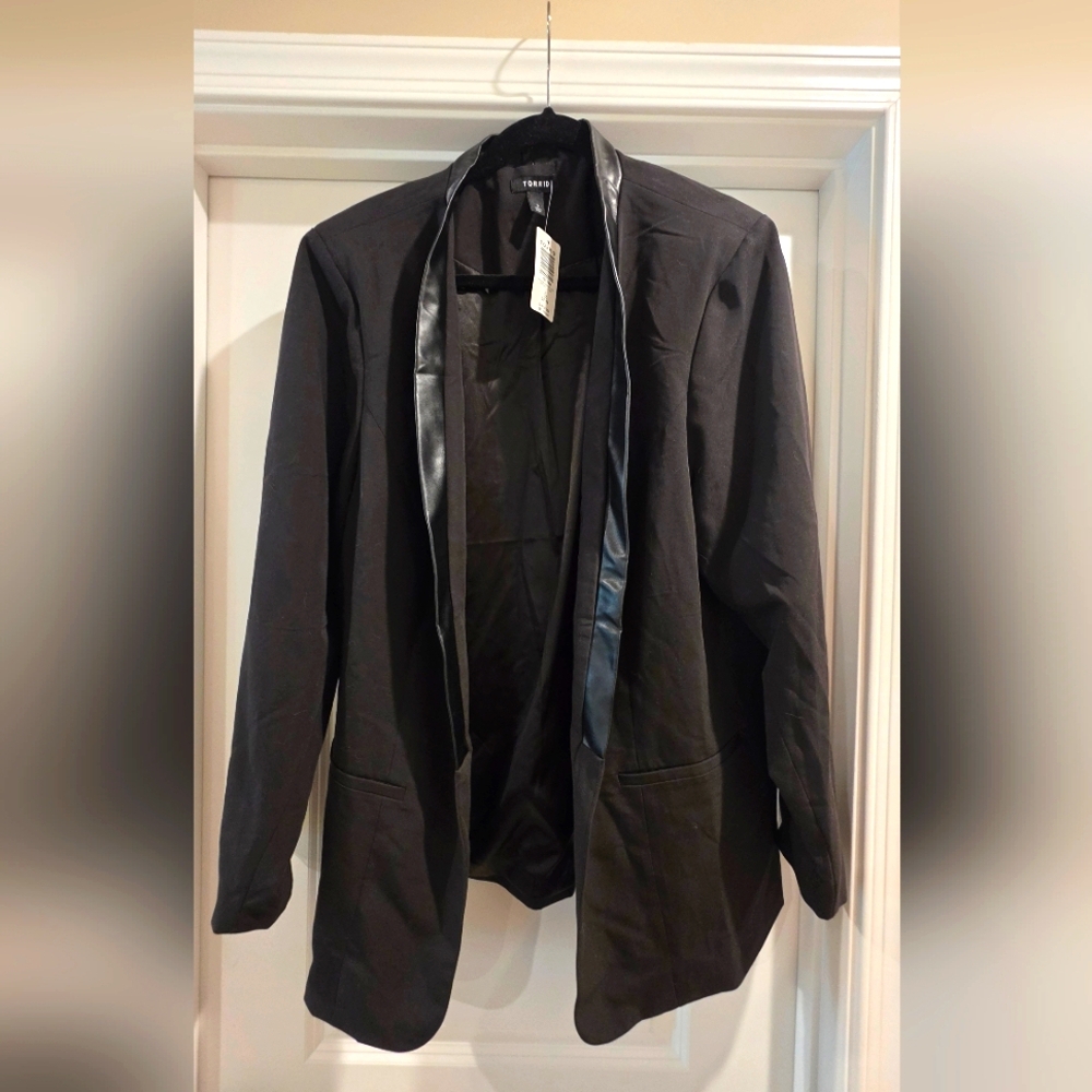 Torrid Black Women's Open Front Leather Trimmed Blazer Jacket